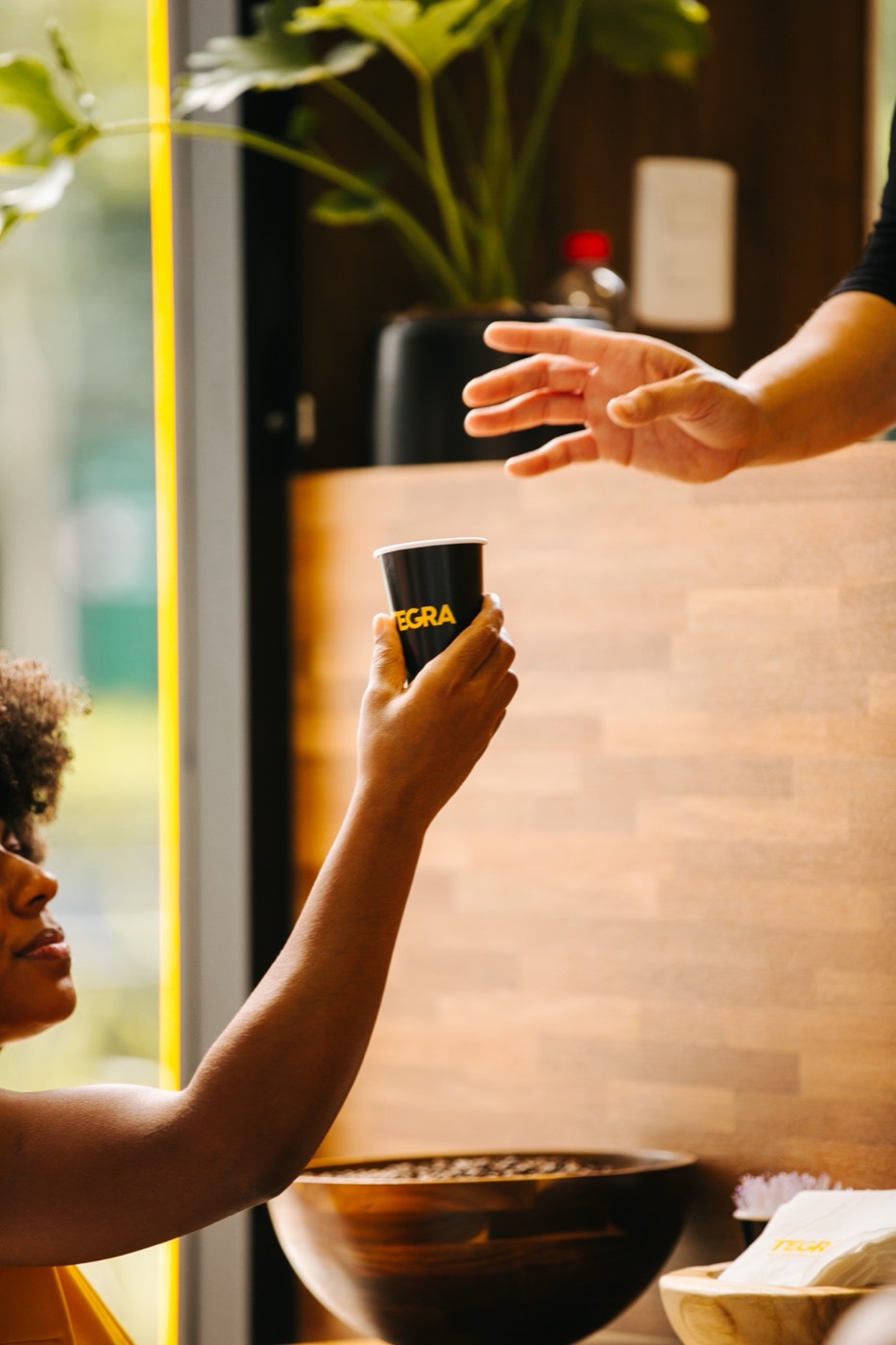 Person raises a black coffee cup toward another outstretched hand over a wooden counter, with a plant behind