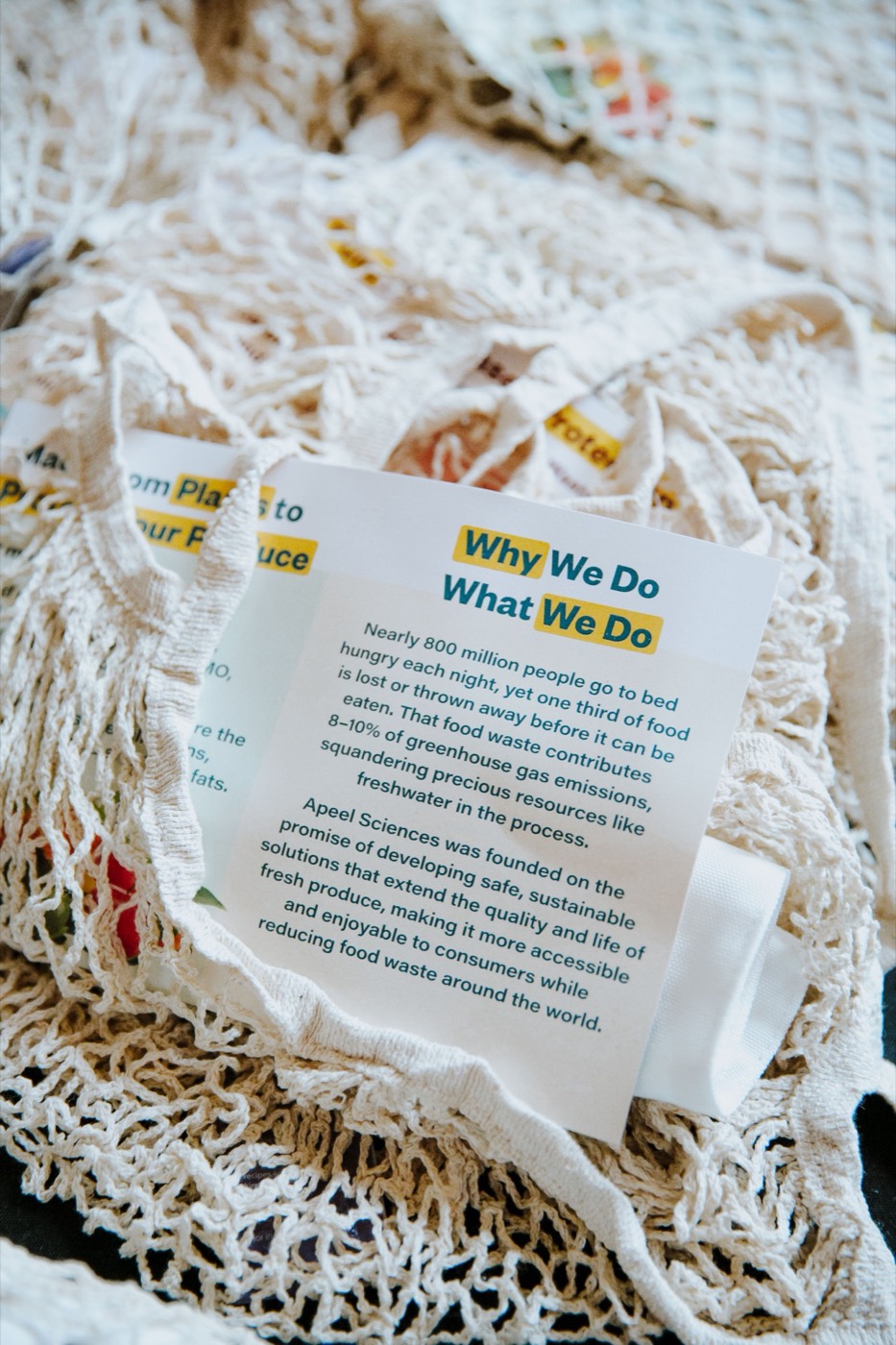 Raw cotton mesh bags with a printed card titled "Why We Do What We Do"