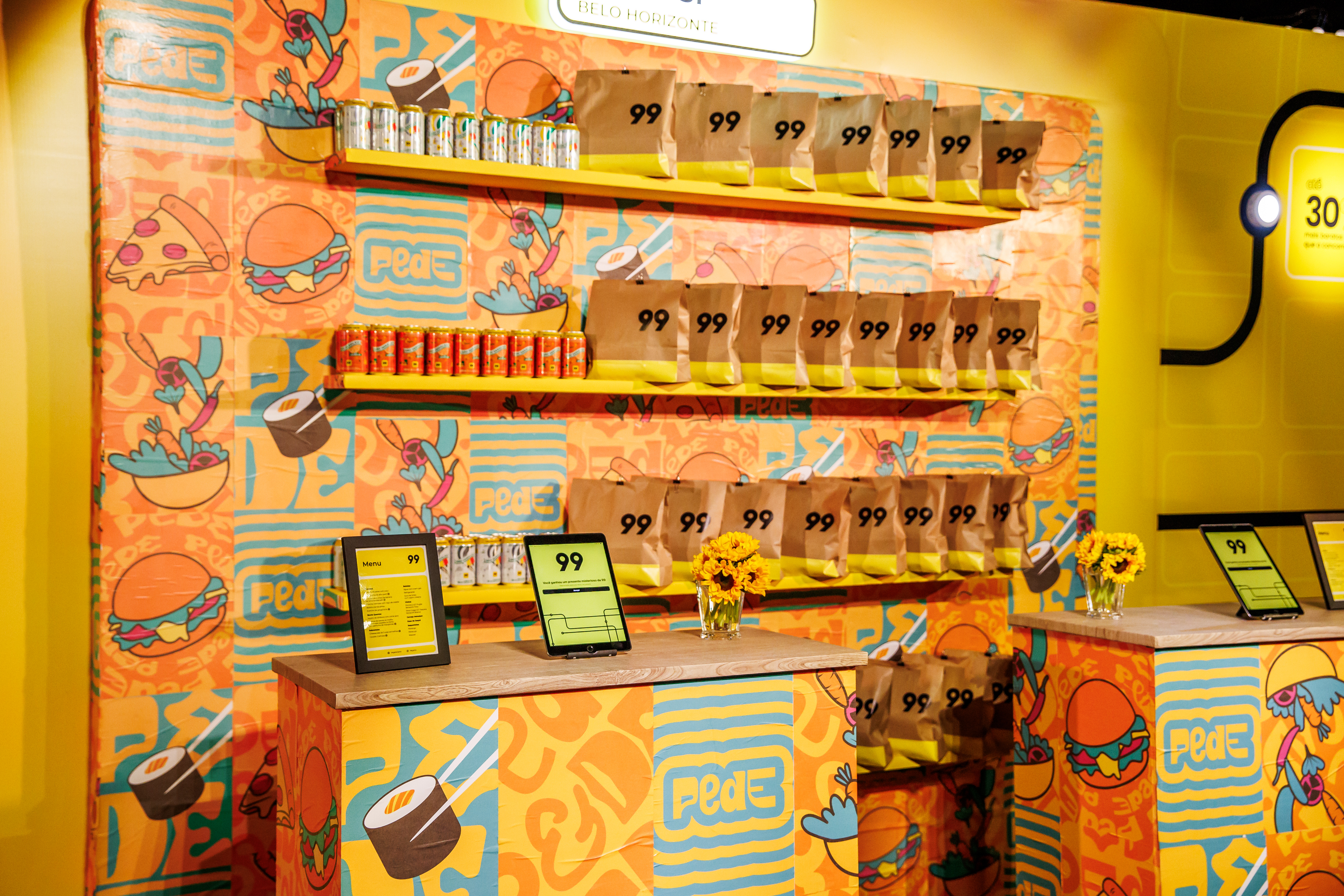 Illustrated wall with shelves of "99" paper bags and cans, with displays and flowers on a counter